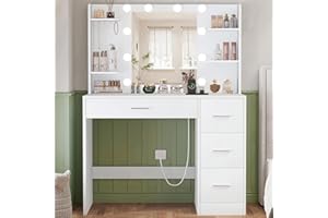 TEENFON Schminktisch mit Spiegel und Beleuchtung, Make-up Schminktische mit Steckdose, Schminktisch mit 4 Schubladen, 4 offenen Regalen, 5 Schmuckhaken für Schlafzimmer, Weiß