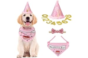 VIPITH Dog Birthday Bandana, Triangle Cotton Scarf with Cute Doggie Party Hat Bow Tie Gold Numbers, Great Puppy Dog Birthday Present Outfit, Gift and Party Decoration Set (Pink)