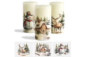 GEBETTER 3 Hojas Tatuajes para Velas Decoración Navidad, Pegatinas Decorativas Papel Transfer Agua, Adornos Velas Tazas Cristal Fiesta Navideña, 15 x 15 cm (Reno Casita Muñeco de Nieve)