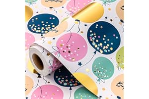 Wikadlik Rotolo di carta da regalo di compleanno, con grazioso palloncino in lamina dorata metallizzata, per doccia, feste, celebrazioni, 43 cm x 10 m