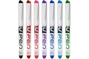 PILOT V PEN - Erasable Disposable Fountain Pen - 0.6mm Nib Tip - Medium Line - Pack of 7 - Black, Red, Pink, Violet, Blue, Peacock & Green
