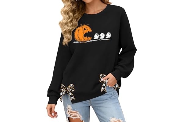 tiorhooe Halloweentröja damer, söt spöke, tröja, pumpamotiv, tröja | Läskig rolig, långärmad, spöktryck, pumpkinrosett, sidoslitsar, mjuk, andas, bekväm, lättskött, maskintvättbar