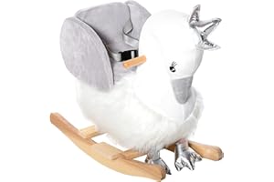 HOMCOM Cheval à Bascule modèle Cygne Fonction Musicale Selle Grand Confort Peluche Courte Douce Bois peuplier Blanc et Gris dim. 60L x 33l x 59H cm