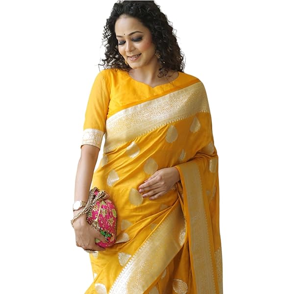 Sari En Soie Banarasi Kanjivaram Pour Femme - Jaune - Avec Chemisier Assorti - 5,25 M - Cérémonie, Mariage, Fête