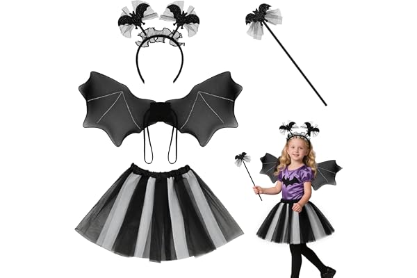 DiULi Fladdermusdräkt för flickor - bekväm halloweendräkt - mjukt tyg - lätt att ta på med realistiska vingar och kjol - för karneval, barns födelsedag