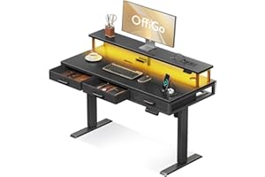OffiGo Biurko elektryczne z szufladami, 120cm Biurko z regulacją wysokości i podstawą pod monitor, Biurko z elektryczną z gniazdkami elektrycznymi i listwą oświetleniową, Standing Desk, Czarny