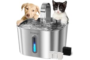 Fontaine à Eau Chat Invengo 2,2L Acier Inoxydable | Silencieuse Fontaine Chat | Distributeur Chien Automatique | Filtration 5 Couches | Garde l'eau Fraîche | avec 4 Jeux de Filtres