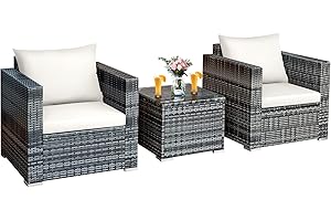 RELAX4LIFE 3PCS Rattan Bistro Set, Patio Wicker Garden Furniture with Padded Cushion, Outdoor Conservatory Table and Chairs Set for Backyard Porch Balcony (White Cushion)