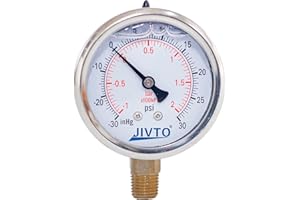 JIVTO liquid filled pressure gauge, 2.5" dia,-30 inHg-30 Psi,-1-2 Bar, 1/4" BSPT lower mount,PC window