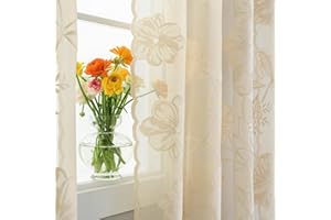 Treatmentex Cortinas Traslúsidas Florales de Encaje para Ventana de Dormitorio, Moderno Decorativos Suaves, con 8 Ojales 2 Piezas, Beige,140X245CM