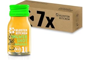 Kloster Kitchen Ananas bio 1SHOT 7 x 30 ml avec de véritables morceaux de gingembre I Gingembre Shot végétalien dans une bouteille en verre à emporter I sucré et épicé sans additifs et avec douceur