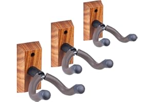 KINGPOINT Soporte de pared para guitarra, gancho de guitarra de nogal negro para bajo eléctrico acústico, colgador de pared (colgador de madera de cebra, 3 piezas)