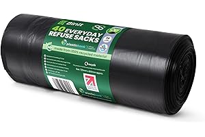 BIN IT 40 Drawstring, Everyday Refuse Sacks, Bin Bags, Bin Liners, 70 Litre, Recycled, Strong, Tear Resistant, 30 μm, Perfect for Everyday Use, Household, Office, Kitchen & Caterers