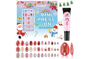 EBANKU Świąteczne paznokcie dla dzieci, 72-częściowy zestaw świątecznych paznokci migdałowych, na całej powierzchni, wzór bożonarodzeniowy, sztuczne paznokcie z klejem do paznokci dla dziewczynek