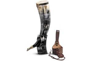 Norse Tradesman Corne de bœuf viking authentique de 50 cm avec support de corne et ornements de loup en laiton | Sac cadeau en toile de jute inclus | "The Fenrir", Poli, 50 cm