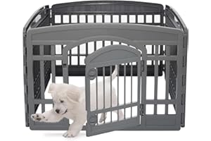 Iris Ohyama Welpenauslauf mit 4 Paneelen und abschließbarer Tür, H60cm, Öko Grau, Katzengehege, Hundebox, Für Outdoor, Indoor, Welpenlaufstall, Hundezaun, Welpenzaun, Laufstall Hund, CI-604E WD