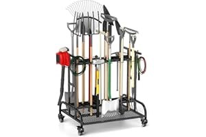 tonchean Garden Tool Tower 3 Tier Storage Organizer 360° Rotating Storage Rack Trolley with Wheels Tool Holder Stand Shelf for Garage Lawn Shed Workshop