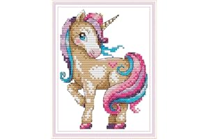 Joy Sunday Kit per Ricamo a Punto Croce con Disegno Stampato, Completo di Filo e Ago - Ideale per Bambini e Principianti-Unicorno Magico 18 Cm X 22 Cm