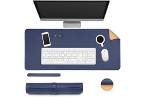 Ewolee Desk Pad, Office Desk Mat 70 * 30cm Natural Cork PU Leather Desk Protector Mat Non-Slip Waterproof Laptop Keyboard Mouse Mat for Office Home School(Dark Blue + Cork)