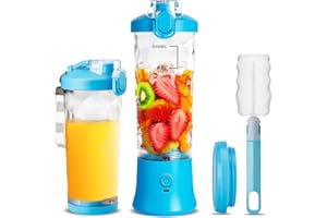 KUKIKUKI Mélangeur portable de 20 onces, mélangeur de fruits et jus USB rechargeable avec 2 modes de mélange et lumière, idéal pour la cuisine, l'extérieur, la salle de sport et le bureau (Blue)