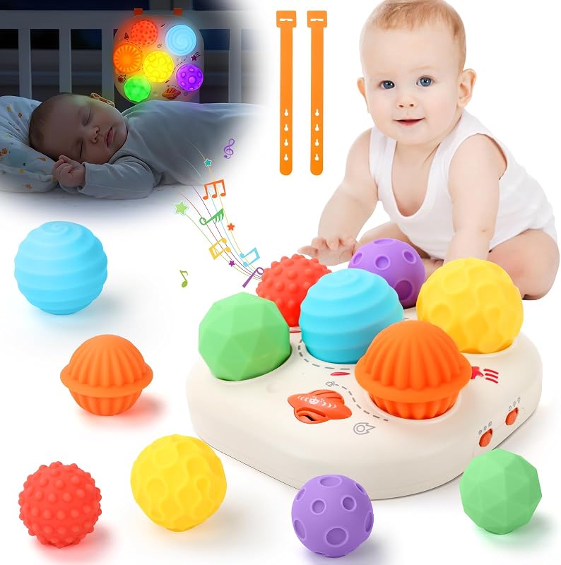 JONRRYIN Giochi Musicali Neonato per 1 2 3 Anno, Giochini Montessori con Musica e Luci, Musicali Bambini con 6 Palle Sensoriali, Giocattoli Educativi Precoci, Compleanno Regali Gioco per Bambino