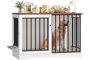 FirFurd 120cm Jaula para Perros,Mesa Auxiliar con Puerta corredera, Jaula Perro Grande para Casa de Madera,para Animales Acero para Perros Medianos y Grandes 120 x 90 x 60 cm (Blanco+Marrón)