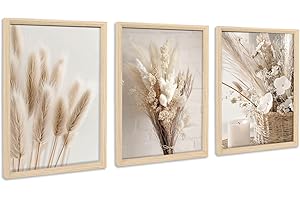 HALFLEMART 3Pcs Cadre en bois Impression sur Toile Beige Boho Herbe de Pampa Tableau Peinture Affiche Fleur nordique Sauge Herbe Séchée Tableau Decoration Murale Salon Chambre 30x40cm x3 (Pas de plexiglas)