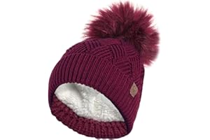 RockJock Ladies Warm Chunky Diamond Cable Knit Hat with Thermal Teddy Fleece Lining and Detachable Faux Fur Pompom