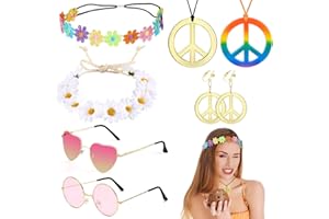 VEGCOO Conjunto de disfraz hippie para mujer y hombre, 8 piezas - Accesorios retro estilo Años 60 y 70 - Collar y pendientes con el signo de la paz, diadema, gafas de sol para fiesta