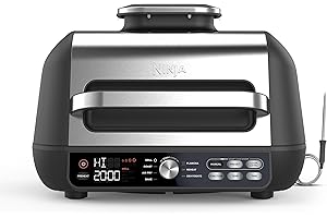 ‎NINJA Ninja Foodi MAX PRO Grill, płaska płyta i frytkownica beztluszczowa z cyfrową sondą kuchenną i termometrem, 3,8 l, 7 funkcji gotowania w 1, części można myć w zmywarce, srebrno/czarny, AG651EU