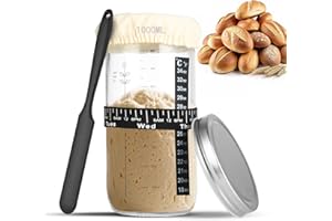 Atliberswo Sauerteig Glas 35oz/1000ml, Sauerteig Starter Set – Gärglas mit Thermometer, Silikon-Spatel, Aluminium-Deckel & wiederverwendbarem Fütterungsband (Brotbacken Zubehör)