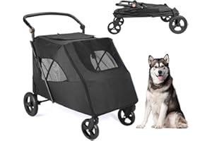 AESRAOU Dog Travel Stroller with 4 Heavy Duty Wheels, Pet Strollers with Adjustable Handle - Large Capacity Jogger Wagon with Back Front Door for Small Medium Large Dogs Outdoor (Black)