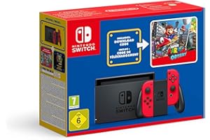 Nintendo Switch (Red) + Super Mario Odyssey Download Code + The Super Mario Bros. Movie Stickers