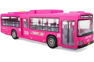 victob Bus Toy for Toddler Boys and Girls - with Lights and Sounds, Friction-Powered Wheels Light Up Toy Bus, Side Doors Open, Christmas and Birthday Gift 3 4 5 6 Years Old Kids, Pink