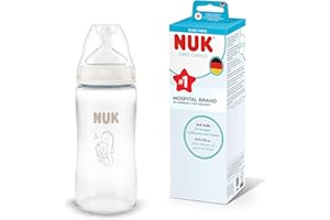 NUK First Choice Baby Bottle | 3+ Months | 240ml | Anti Colic Feeding Bottle | Glass | Temperature Control Indicator | Seahorse | 1 Count