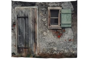 A.Monamour Wandteppiche Alte Grunge Ziegel Scheune Wand Holzfenster Vintage Holztür Architektur Hintergründe Bild Drucken Wandbehang Tapisserie Wandkunst Dekore Fenster Gardine Tischdecke 203X153Cm