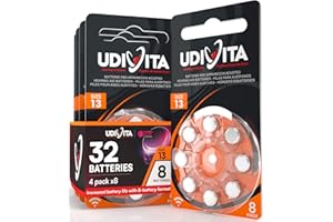 32 Hearing Aid Batteries Size 13 Udivita (Orange) PR48 Zinc-Air with Phono Pulse Technology - 4 Blisters of 8 Batteries