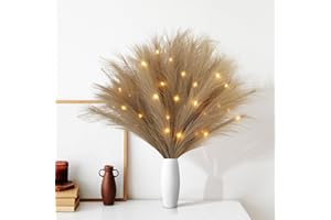 Joomer Erba Di Pampa Artificiale Grande, 3 Bouquet 70CM di Decorazione Pampas Secca, 36 Luci LED a Batteria, Decorazioni per la Casa Boho per Matrimonio Soggiorno Tavolo da Camera da Letto (Marrone)