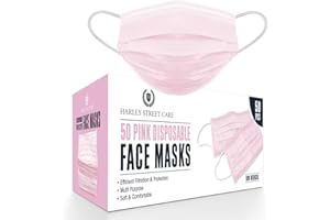 H HARLEY STREET CARE Disposable Pink Face Masks Protective 3 Ply Breathable Triple Layer Mouth Cover with Elastic Earloops (Pack of 50)