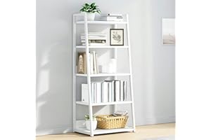 IOTXY Weißes 5-Regalböden Offenes Bücherregal - Metall-Holz-Bücherständer-Regal, Leiter-bücherbord, Open Shelf Bookcase, Bookshelf