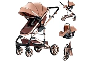Reenborn Carrito Bebe 3 en 1, Carro Bebe con Dos Modos de Empuje Reversibles, Cochecito Bebe 3 Piezas con Marco de Aluminio, Carricoche Bebe con Diseño Plegable con Un Solo Clic (739 Beige)
