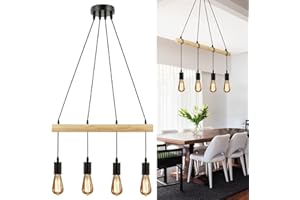 ‎FORCOSO FORCOSO Pendelleuchte Esstisch Hängelampe Holz 4 Flammig, Vintage Esszimmer Lampe Hängend Höhenverstellbar Schwarz Metall Lampenschirm Max 180cm, E27 Retro Rustikal küchenlamp Esszimmerlampe