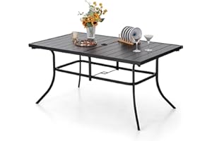 PHIVILLA Outdoor Patio Dining Table for 6 Person 152cmx96cm Rectangular Garden Table with Umbrella Hole, Steel Frame and Slat Tabletop - Black3
