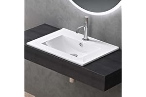 doporro Lavabo da Incasso Rettangolare 60 cm in Ceramica Bianco Lucido, Lavandino Integrato con Foro Rubinetto, Installazione su Mensola o Mobile Bagno Brüssel912