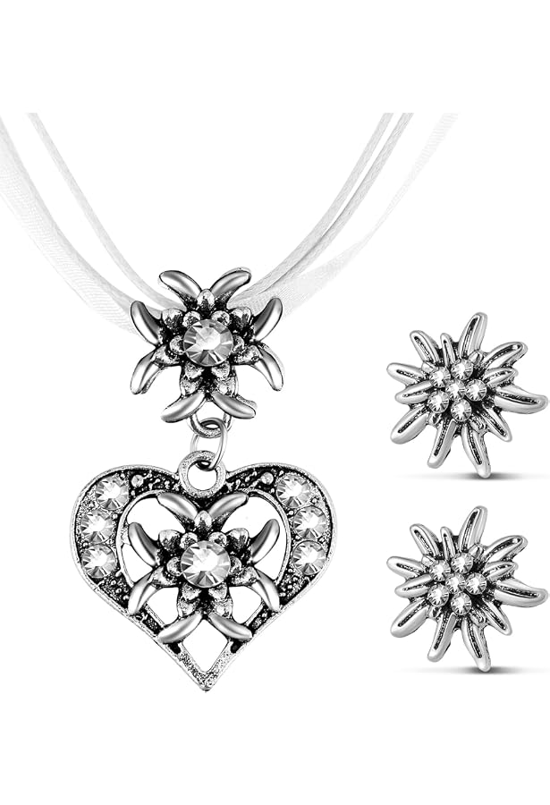 Parure Bijoux Edelweiss Traditionnelle Sinmoe - Collier Ras Du Cou, Boucles D'Oreilles & Pochette Velours Pour Fête De La Bière Bavaroise