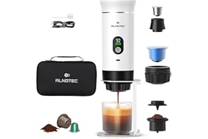 ALNOTEC Cafetière Expresso Portable-20 Bars-rechargeable-Machine a Cafe Portable-Auto-Chauffante- Compatible Capsules NES, DG & Café Moulu-80ml-chargeur USB-C-Housse + Support inclus (Noir)