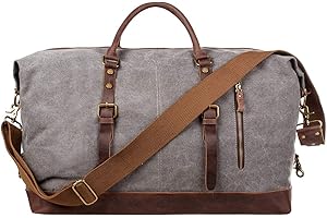 S-ZONE Unisex Borsa da Viaggio 52-55L Vintage Canvas Crazy Horse Finiture in Pelle Bagaglio a Mano Weekender Borsa Sportiva per Viaggi Weekend Vacanze