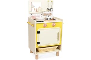 Janod Cocina Infantil de Madera-Equipada con Horno, Fregadero y 11 Accesorios Incluidos-Botones Rotativos con Sonido-A Partir de 2 años, J06641, Color Amarillo (JURATOYS