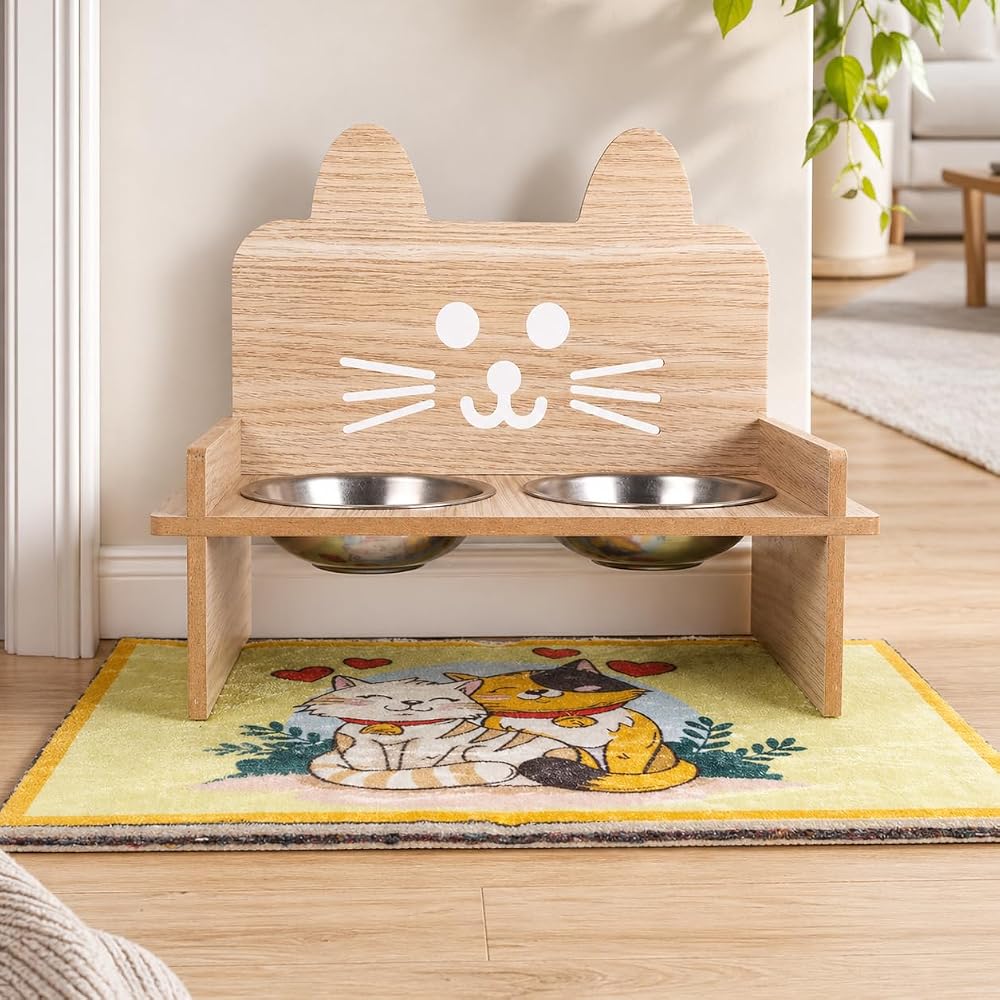 GOBYPET Ahşap Kedi Mama ve Su Kabı ile Paspası, Çift Metal Hazneli