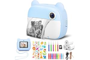 HIGSPE Aparat dziecięcy z natychmiastowym zdjęciem, aparat cyfrowy dla dzieci z papierem do drukowania i kartą TF 32 G, kamera wideo z kolorowymi długopisami i zabawnymi akcesoriami, prezent dla
